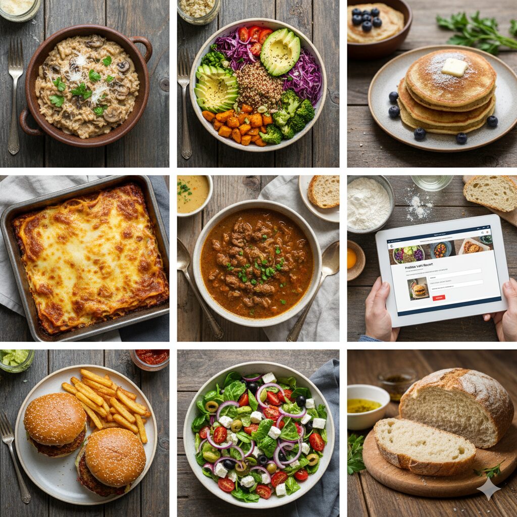 Koláž rôznorodých farebných domácich jedál, vrátane dezertov, cestovín a slaných pokrmov, symbolizujúca recepty prispievané užívateľmi z kuchárskej komunity.