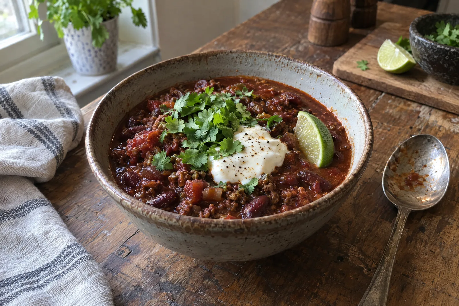 Chili con carne z mletého hovädzieho mäsa, fazule a paradajok